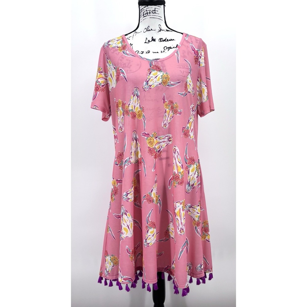 Simply Southern Swing Dress Size Large Pink Longhorn Skull Floral Tassel Hem